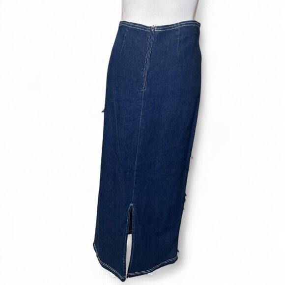 ☆ Vintage 90s Y2K Zoey Beth Denim Maxi Western Boho Skirt XL Distressed Fringe ☆ - Picture 2 of 8